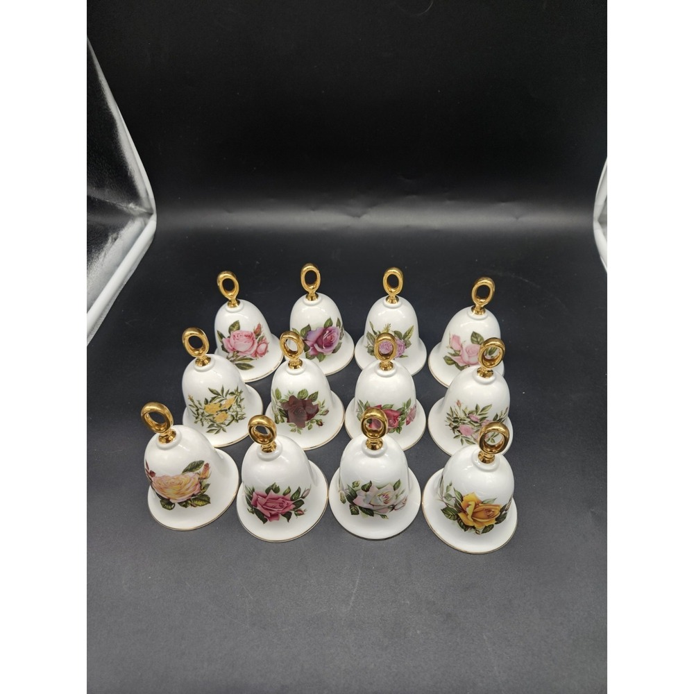 Set 12 Danbury Mint Bone China American Rose Flower Collector Bells Limited Ed.